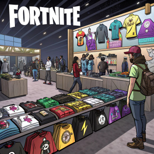 Fortnite merchandise display at Comic-Con. Various t-shirts, hoodies, and accessories. Giant Fortnite sign.