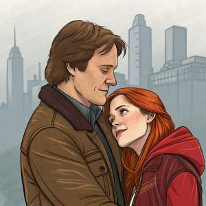Illustration of Mike Chilton and Julie Kane from Motorcity. Mike with warm complexion and short brown hair, embracing Julie with long red hair. Background: stylized urban cityscape with muted tones. Sketch-like style with expressive lines.