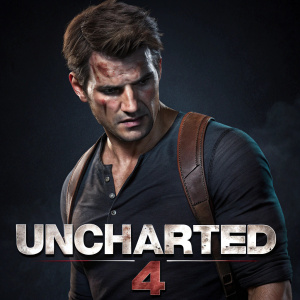 Nathan Drake from Uncharted 4, intense look, brown hair, bruised face. Dark shirt, brown leather bag. Standing against a black backdrop. Promotional poster with game logo at bottom