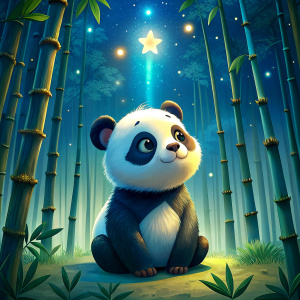 a cute panda looking at the night sky above a bamboo forest at night, cartoon style