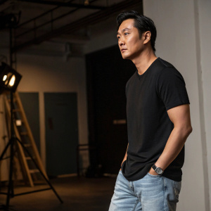 Daniel Wu, asian actor, intense gaze in a candid shot. Studio with dim lighting, casual jeans and black t-shirt.