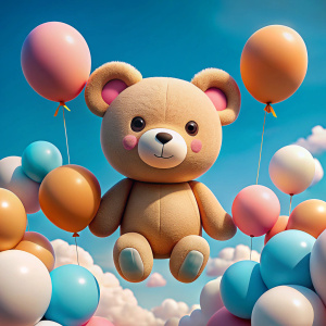 oso de peluche agarrando globos sentado sobre una nube con fondo de nubes caricatura