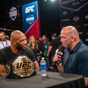 Dana White and a bald UFC fighter in a post-fight interview. MMA championship belt and water bottle on the table. Crowded backstage area with UFC banners and logos.