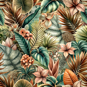 Pattern Seamless, Vector, Vintage Old Soft Colors, Shade Pink, Abstract Hand-Draw, Tropical Plants, Leaves and Flowers Leopard Prints. White background