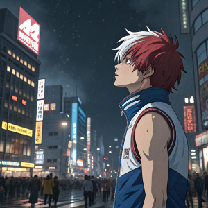 Todoroki Shoto stands in a bustling city square. His fiery red and white hair contrasts against the dark sky. He wears a tight, sleeveless, blue and white jacket. Surrounded by neon signs and urban chaos.