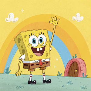 SpongeBob SquarePants, cheerful and lively, is seen waving from a bright yellow background in a cartoon setting.
