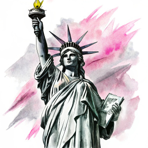 statue of liberty black and white, with a little pink