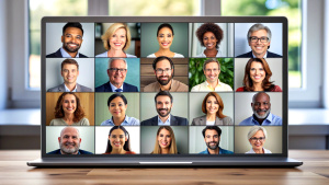 Team of people on an online conference call. Grid of webcam faces