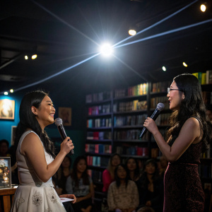 Lana Condor and Jenny Han at a book launch event. Speaking into microphones. Bright spotlight in dark venue