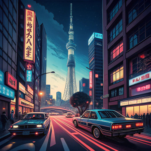 In a bustling night scene of Tokyo, Japan, cars speed through neon-lit streets. The iconic Tokyo Skytree towers majestically in the background, casting a vibrant glow over the city.