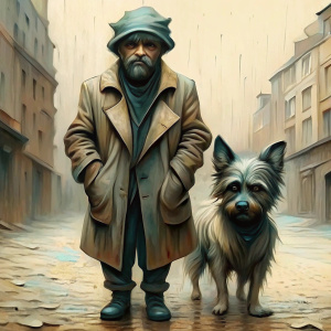 homem furioso e cachorro triste na pobreza da rua em dia de chuva e frio