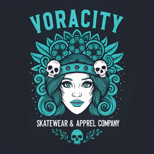 The Voracity logo showcases a detailed, stylized feminine face in teal and turquoise. The design includes skulls and abstract patterns. The text 'Voracity' is boldly featured at the top, followed by 'Skatewear & Apparel Company'.