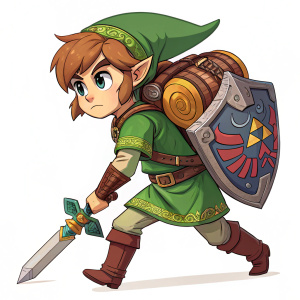 Digital artwork featuring Link from Legend of Zelda. Cartoon style illustration. Young male, determined expression. Short brown hair, vibrant green tunic. Carrying a large bundle on his back. Detailed design with varied weapons and accessories.