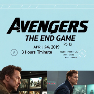 Screenshot 1: Title 'Avengers: The End Game' in bold, black font on a light blue background. Release date 'April 24, 2019' and runtime '3 hours 1 minute' in small, white font beneath title. Synopsis in brief: 'The culmination of two decades of Marvel movies, as the Avengers and their allies must now assemble for a final stand against Thanos.' Screenshot 2: Behind the scenes images from the movie displayed in a grid layout, each with a short description. Rating 'PG-13' and stars 'Robert Downey Jr., Chris Evans, Mark Ruffalo' prominently displayed.