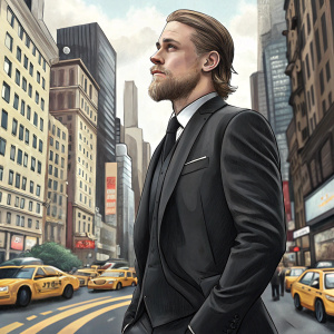 Charlie Hunnam, standing confidently with a neat beard and mustache, in a black suit. A bustling cityscape background.