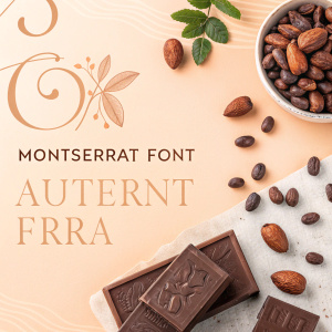 Introducing Montserrat Font, a geometric sans-serif inspired by the rich graphic design heritage of Argentina. Displayed on a warm, soft apricot background, the font in a deep cocoa shade gracefully showcases uppercase, lowercase letters, numbers, and punctuation marks. The page's clean, modern layout with a subtle vintage flair is complemented by a detailed description of the font's origin and design inspiration.