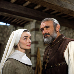 Caucasian actors Audrey Hepburn and Sean Connery in medieval costumes. Audrey wears a nun's habit. Sean sports a beard. They are indoors, surrounded by rustic elements, a scene from 'Robin and Marian'