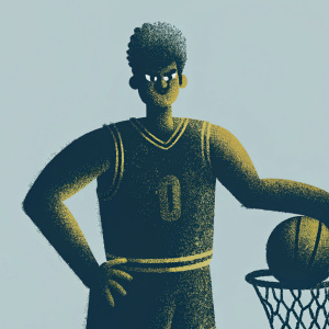 Digital illustration of Hanamichi Sakuragi from Slam Dunk. Wearing number 10 jersey. Posing confidently with a ball near a hoop. Against plain white background. Characterized by manga style.