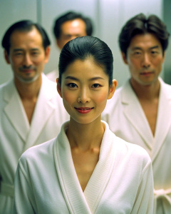 1girl, 20-year-old Korean actress Clara Lee Sung-min, with bun hairstyle, wearing an open white bathrobe, bathroom: 1.2, collarbone, looking at the audience, ((turbulent)), ((perfect body proportions)), (panorama: 1.3), Beautiful and mature, grinning, deep shadows, Mario Testino style, <lora:DetailedEyes_xl_V2:1>, <lora:neg4all_bdsqlsz_xl_V7:1>, (super delicate oval face)), ((beautiful eyes with long eyelashes,((real quality) )),((Leica RAW photo)),64k,((Fidelity:1.2)), ((Really fair skin)),((Su