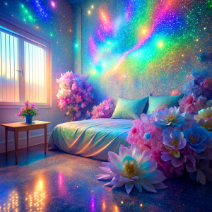 close bedroom flowers  ultra intense crystal effect glitter light color pastel sunset glowing effect  Photoshop Photo Manipulations    Dreamscape     very much glitter sparkly fantasized glam Sprinkle Shimmering Bioluminescent fairytale masterpiece  Magical   Shimmering   Ultra Holographic liquid Patent Spandex Vinyl iridescence UV Glow Rainbow