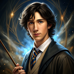 black haired ravenclaw male student with wand