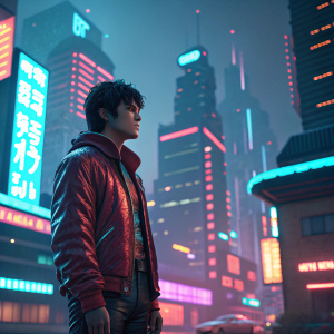 Digital rendering of Akira, neon cityscape background.