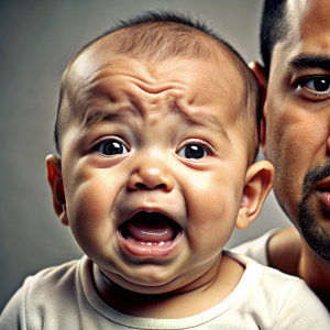 bebé mulato malestar por dentición carita triste con solo dos dientes y llorando. imagen de fotografía no de dibujo. A su lado, padre preocupado