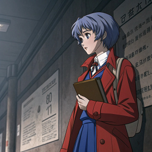 Rei Ayanami from Neon Genesis Evangelion, in a dimly lit scene. Wearing a red overcoat and a blue school uniform, clutching a folder. Background features faded text and a monochrome palette.