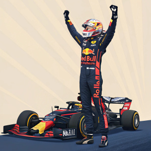Max Verstappen, in his Red Bull Racing F1 suit, arms raised triumphantly, celebrating his victory on the podium. Formula One car in the background, adorned with Red Bull and other sponsor logos.