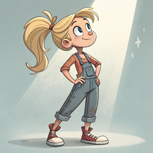 Digital illustration of Fru Fra, a young female cartoon character with blonde pigtails and casual attire. Standing in a dynamic pose, detailed shading and lighting. Light-colored background