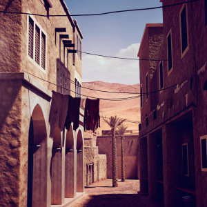 Digital illustration of an ancient middle eastern village. Warm, earthy colors. Stone buildings with arches. Desert-like backdrop with mountains. Clothes hanging on lines. Realistic lighting and shadow. Video game environment style.