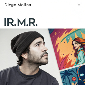 Diego Molina's digital art portfolio webpage. Featured is his signature logo 'IR.M.R.' crafted in a minimalist design. Illustrations showcase vibrant digital art.