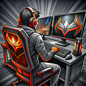 gamer sitting at the computer and broadcasting there will be a logo with a microphone on the desk I want berk on the monitor.