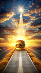 Una imagen que represente un camino hacia el éxito y la excelencia, donde se vea a La marca como un faro brillante en el horizonte. En el camino, se pueden incluir elementos que simbolicen la calidad, la pasión por la gastronomía y la adaptabilidad al cambio. La imagen transmite la visión de La Marca de convertirse en un referente de calidad y calidez en la industria de la comida rápida.