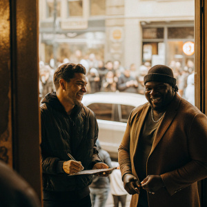 Jacoby Ellsbury and David Ortiz in casual attire, signing autographs at a sports merchandise store. Outdoors, busy street in the background.