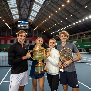 Roger Federer, Belinda Bencic, Alexander Zverev, and Angelique Kerber celebrating with trophies at an indoor tennis hall.