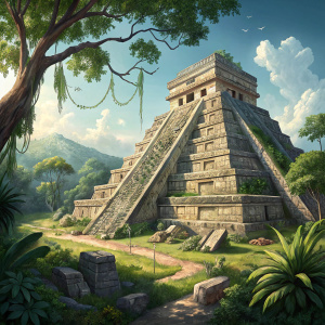 The majestic Kukulkan Pyramid, an ancient Mayan temple in Chichen Itza, Yucatan, Mexico. Surrounded by lush greenery and featuring intricate stone carvings and multiple terraced levels leading up to a central platform.