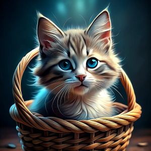 kitten with white fur in a basket