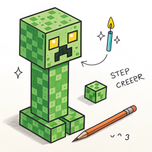 Illustration tutorial: How to Draw a Minecraft Creeper. Brightly colored, cartoon-style depiction of a Minecraft Creeper.