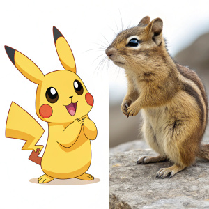 Illustration of Pikachu and a real-life chipmunk. Pikachu in vibrant, cartoon style. Chipmunk in close-up with realistic colors. Both on white backdrop.