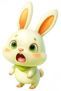 A frightened little white rabbit, side view, leaning sideways, mouth wide open, eyes wide open, head tilted, kawaii style, pure white background