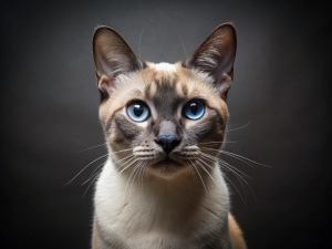 Thai breed cat close up photo in studio with dark grey background