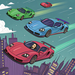 Steve Aoki's art exhibit featuring cartoon-like flying cars. Vibrant red, green, blue, and purple hues. Unique aerodynamic shapes. Set against a stylized cityscape backdrop.