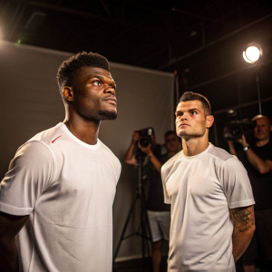 Thomas Partey and Granit Xhaka, players for Arsenal FC, standing proudly in a dimly lit studio. Their jerseys are now plain white, with no team colors. Surrounded by a team of photographers and crew, their expressions serious and focused.