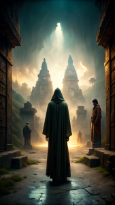 A mysterious figure cloaked in shadow, watching Maya from afar as she ventures deeper into the heart of the Forgotten City.