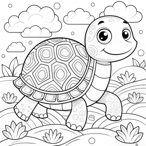 COLORING PAGE OF A CUTE turtle walking slowly BLACK LINE ART and add images to match the background