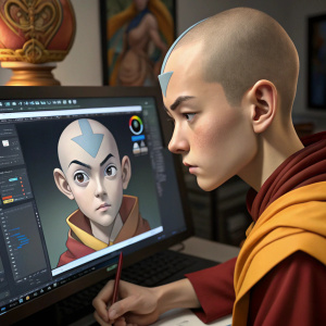 Digital artist working on Avatar Aang's face from 'Avatar: The Last Airbender'. Using software interface, creating detailed 3D model on left, and simplified cartoon-like version on right.