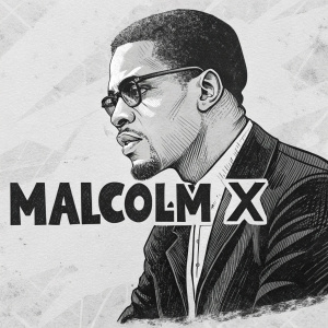 Black and white graphic illustration of Malcolm X, sketch-like style, bold lines, textured background, monochromatic palette, text 'Malcolm X' prominently displayed