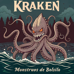 Giant squid illustration. Traditional ink drawing. Fierce face with sharp teeth, multiple tentacles. Emerging from dark, mysterious waters. Detailed, intricate lines defining muscles. Prominently displayed: 'Kraken' and 'MONSTRUOS DE BOLSILLO'