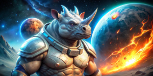 rinoceronte musculoso  psicodélico color blanco con traje espacial futurista , rasgos humanos,fuego,lasers y planeta tierra al fondo, planetas